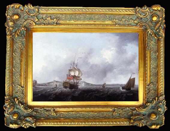 framed  Francis Swaine A large two-decker and a cutter off Dover, Ta012-2